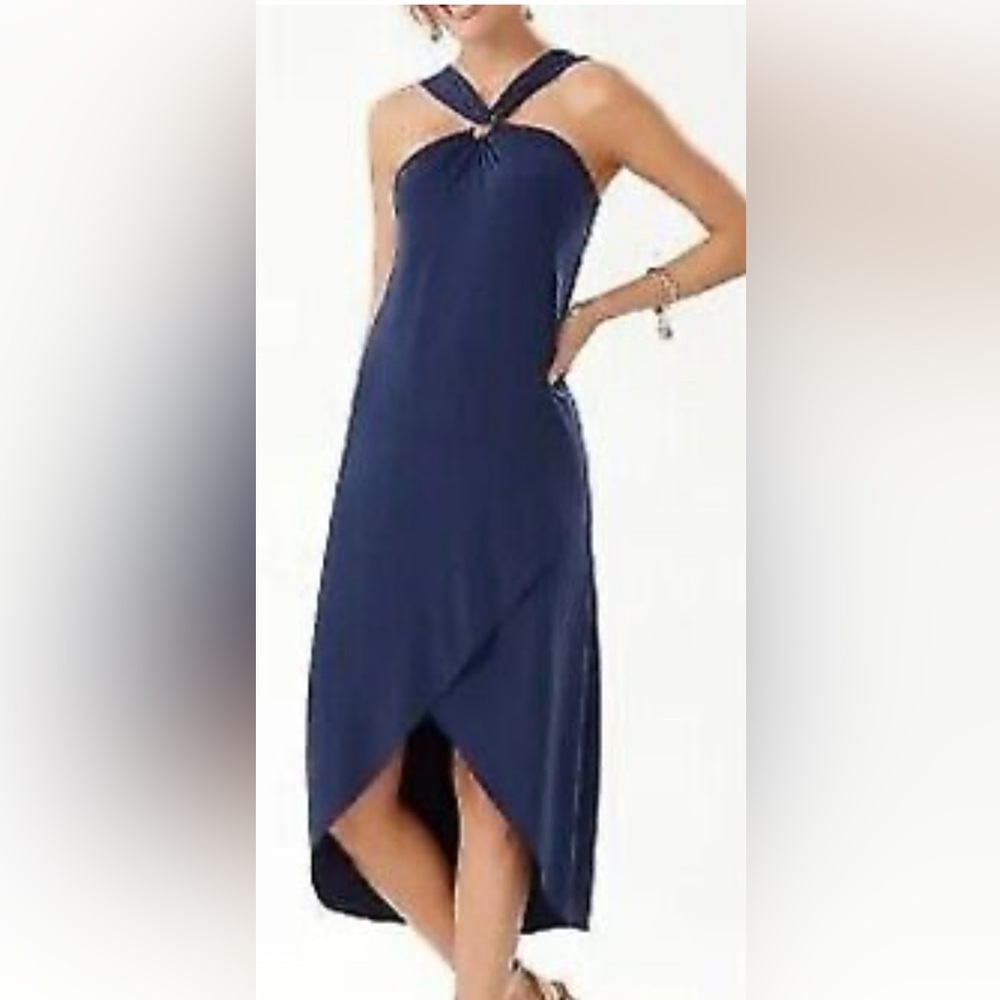 Tommy Bahama Navy Halter High-Low Wrap Front Dress